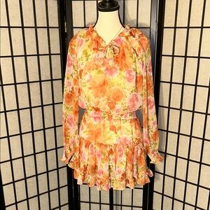 Skylar + Madison Vibrant Floral Long Sleeve Dress - Pink and Orange